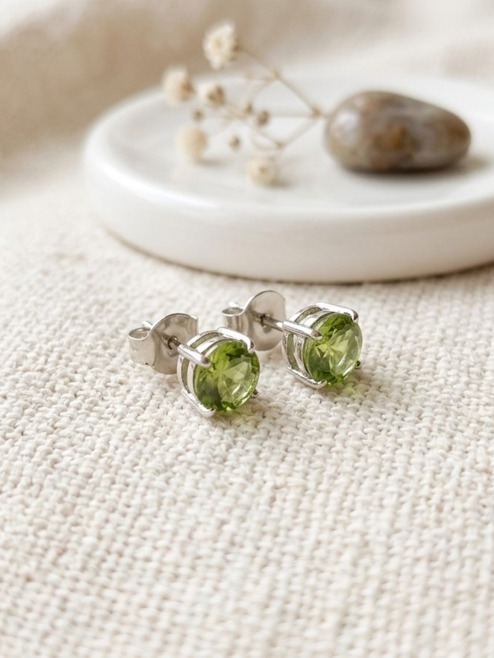 Sterling Silver Peridot Stud Earrings - Green Gemstone